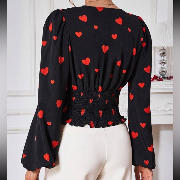 Plunge V-Neck Pleated Smocked Waist Button Lantern Sleeve Top Blouse Black - Picture 8 of 11